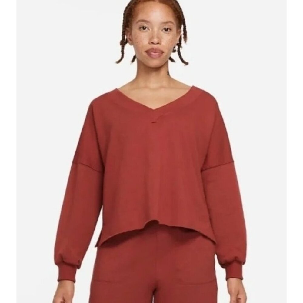 Nike Yoga Luxe Women's Sweatshirt Fleece V-Neck Redstone Brown Oversized Large